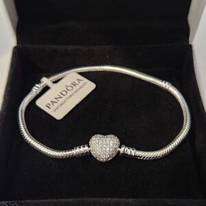 Pandora Moments Sparkling Heart Claps Snake Chain Charm Bracelet Size 7.9 in